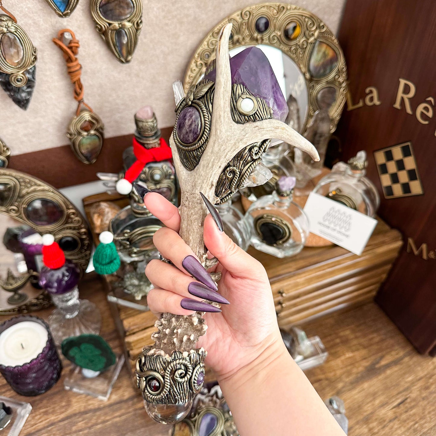 Handmade Natural Crystal Amethyst Antler Wand/Magic Smoky Quartz Witch Wand/Labradorite Amethyst Ammonite Antler Stem/Chakra/Altar Tool