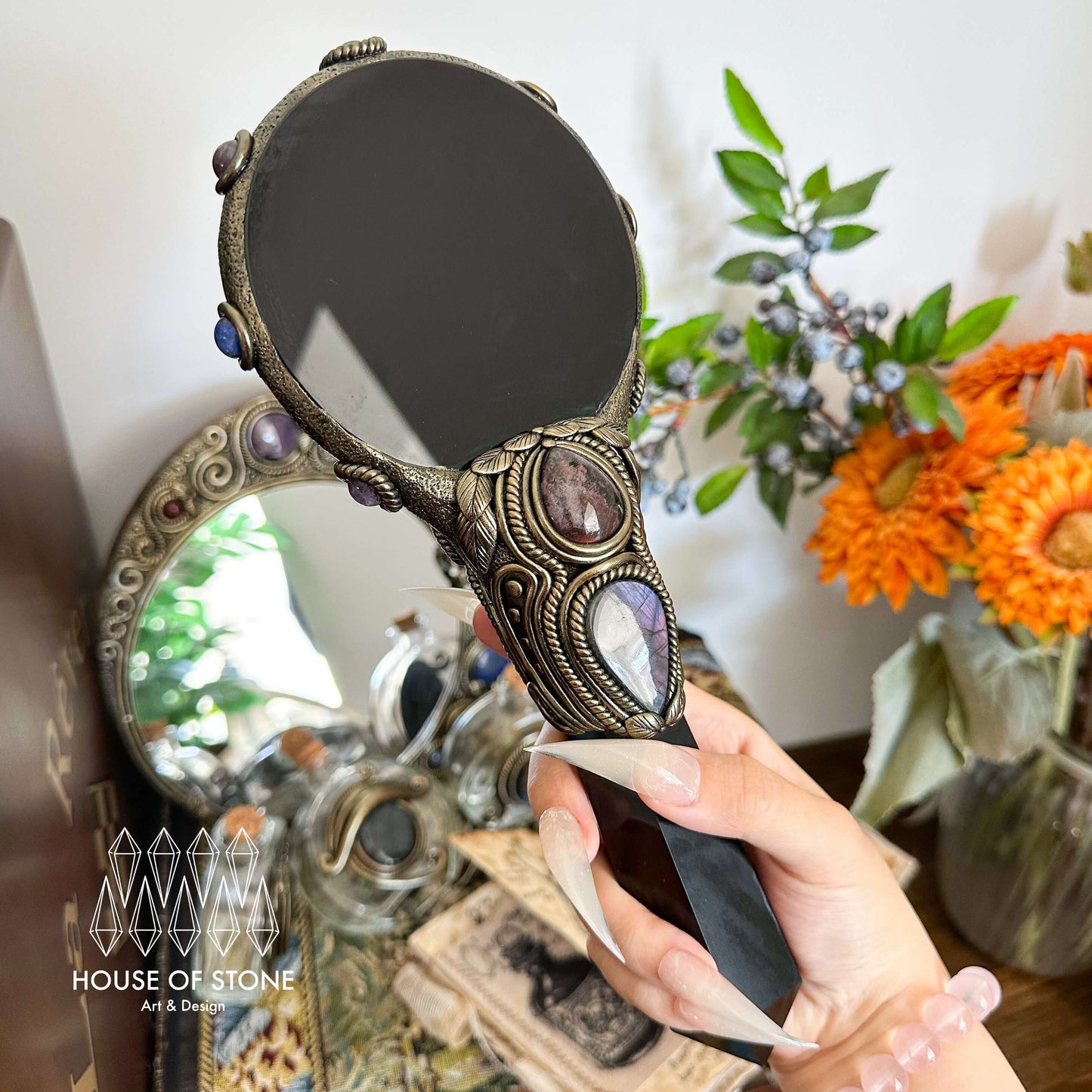 Handmade Natural Black Obsidian Mirror/Magic Obsidian Witch Wand/Crystal Quartz Wand/Scrying Mirror Wand/Root Chakra/Manifest Altar Tool