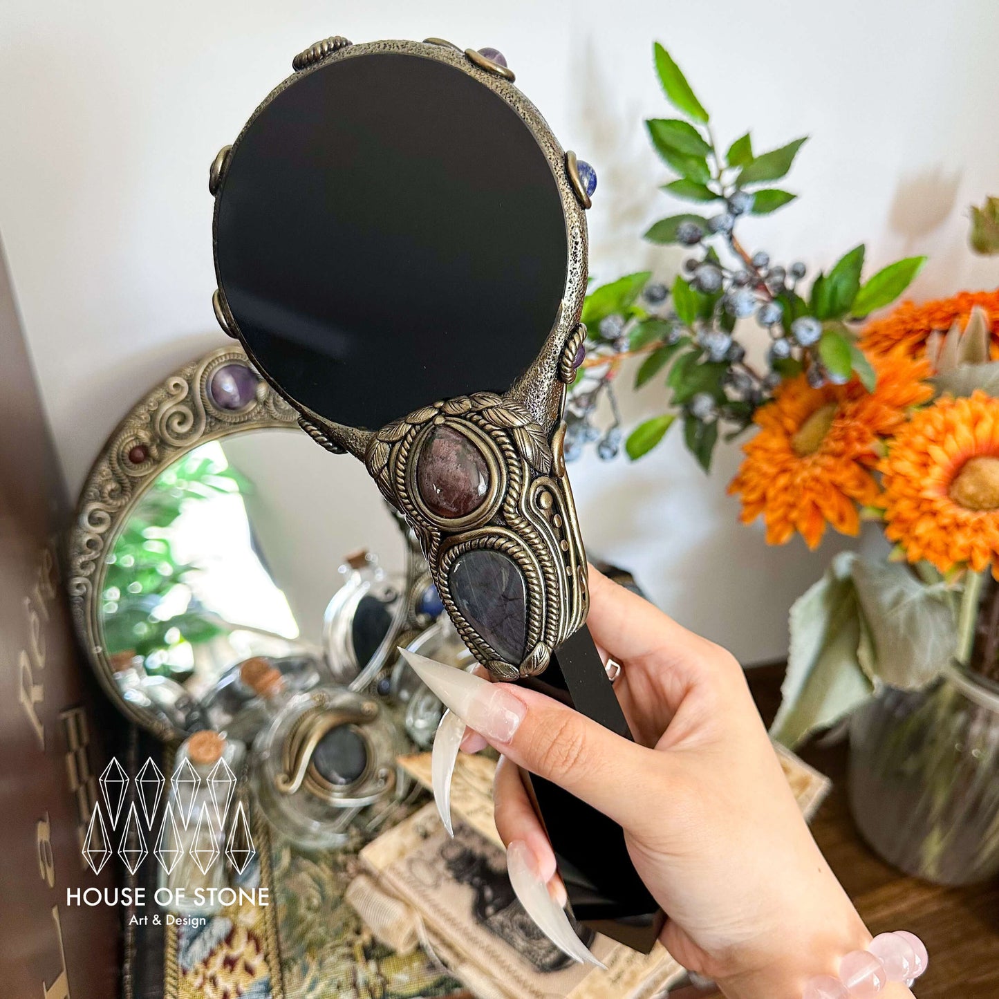 Handmade Natural Black Obsidian Mirror/Magic Obsidian Witch Wand/Crystal Quartz Wand/Scrying Mirror Wand/Root Chakra/Manifest Altar Tool