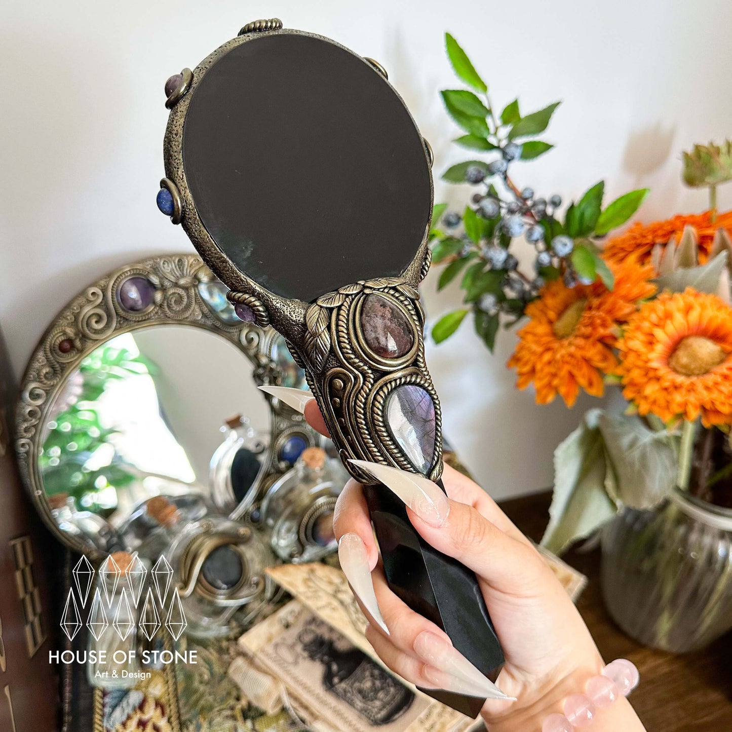 Handmade Natural Black Obsidian Mirror/Magic Obsidian Witch Wand/Crystal Quartz Wand/Scrying Mirror Wand/Root Chakra/Manifest Altar Tool