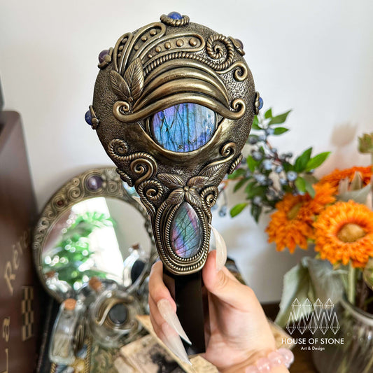 Handmade Natural Black Obsidian Mirror/Magic Obsidian Witch Wand/Crystal Quartz Wand/Scrying Mirror Wand/Root Chakra/Manifest Altar Tool