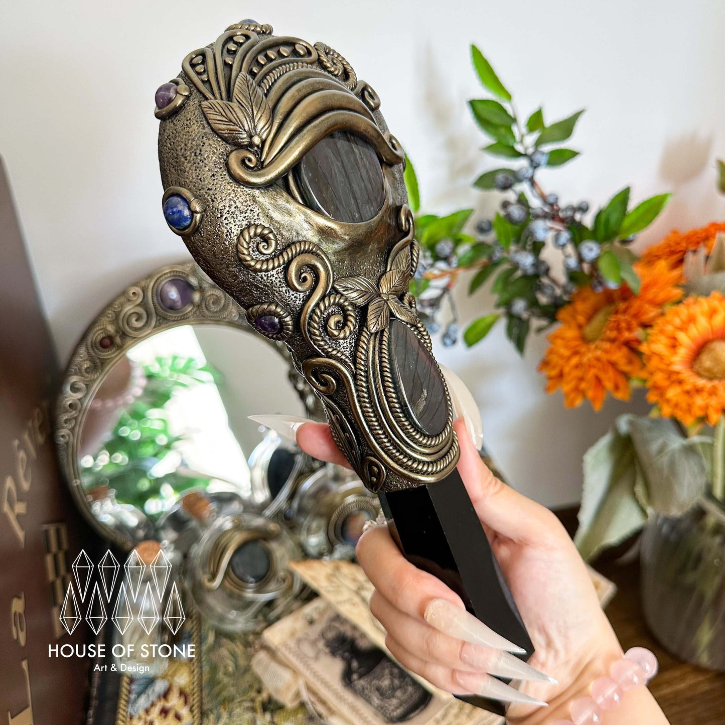 Handmade Natural Black Obsidian Mirror/Magic Obsidian Witch Wand/Crystal Quartz Wand/Scrying Mirror Wand/Root Chakra/Manifest Altar Tool
