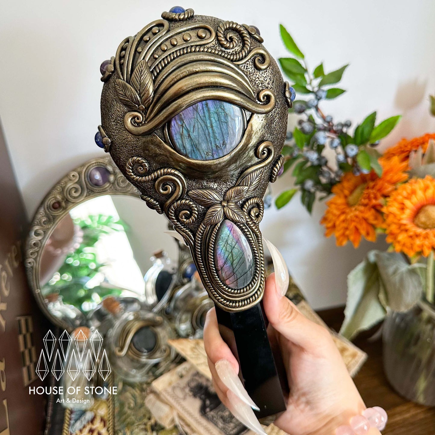 Handmade Natural Black Obsidian Mirror/Magic Obsidian Witch Wand/Crystal Quartz Wand/Scrying Mirror Wand/Root Chakra/Manifest Altar Tool
