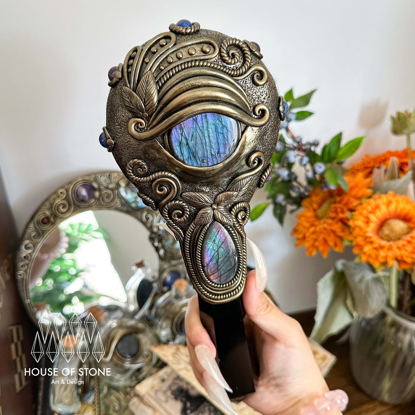 Handmade Natural Black Obsidian Mirror/Magic Obsidian Witch Wand/Crystal Quartz Wand/Scrying Mirror Wand/Root Chakra/Manifest Altar Tool