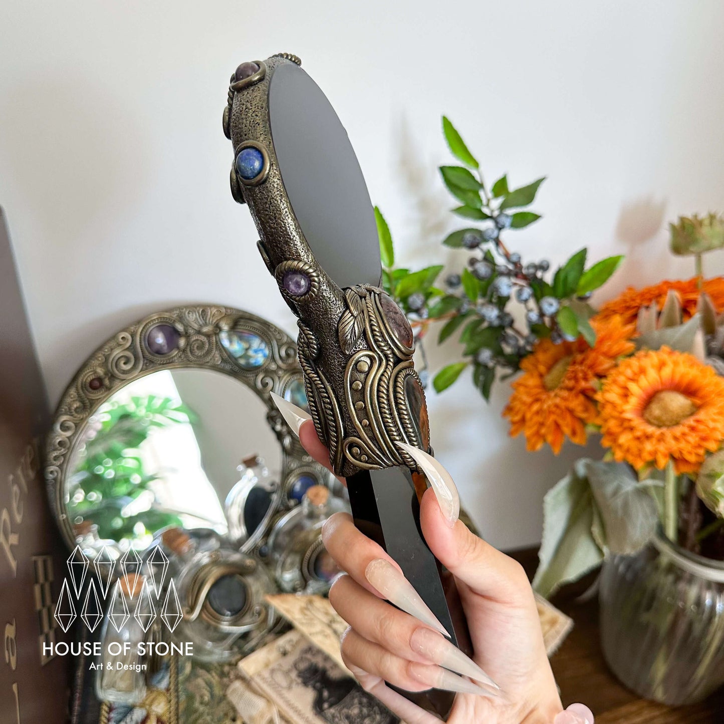 Handmade Natural Black Obsidian Mirror/Magic Obsidian Witch Wand/Crystal Quartz Wand/Scrying Mirror Wand/Root Chakra/Manifest Altar Tool