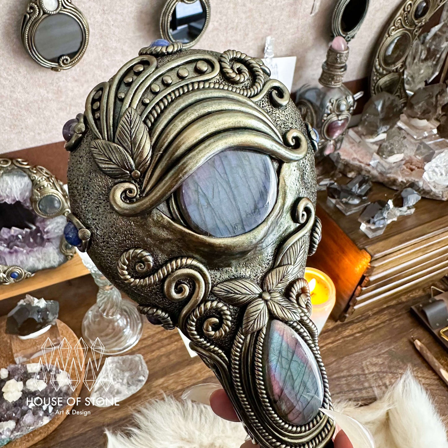 Handmade Natural Black Obsidian Mirror/Magic Obsidian Witch Wand/Crystal Quartz Wand/Scrying Mirror Wand/Root Chakra/Manifest Altar Tool