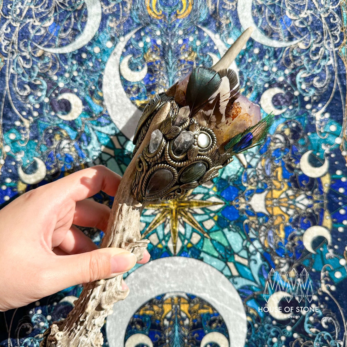 Handmade Natural Crystal Amethyst Antler Wand/Magic Smoky Quartz Witch Wand/Labradorite Amethyst Ammonite Antler Stem/Chakra/Altar Tool