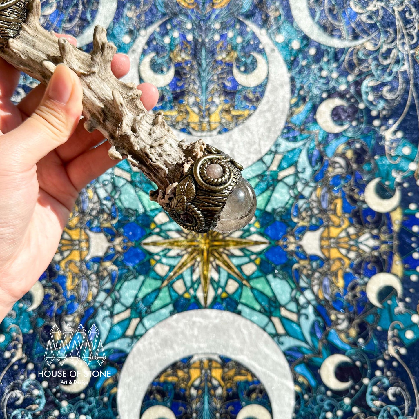 Handmade Natural Crystal Amethyst Antler Wand/Magic Smoky Quartz Witch Wand/Labradorite Amethyst Ammonite Antler Stem/Chakra/Altar Tool