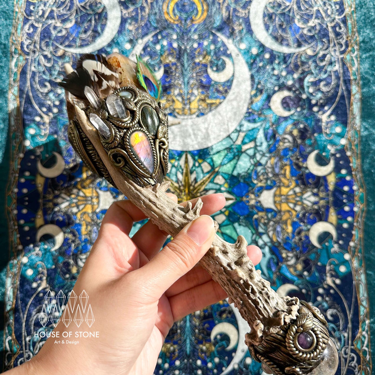 Handmade Natural Crystal Amethyst Antler Wand/Magic Smoky Quartz Witch Wand/Labradorite Amethyst Ammonite Antler Stem/Chakra/Altar Tool