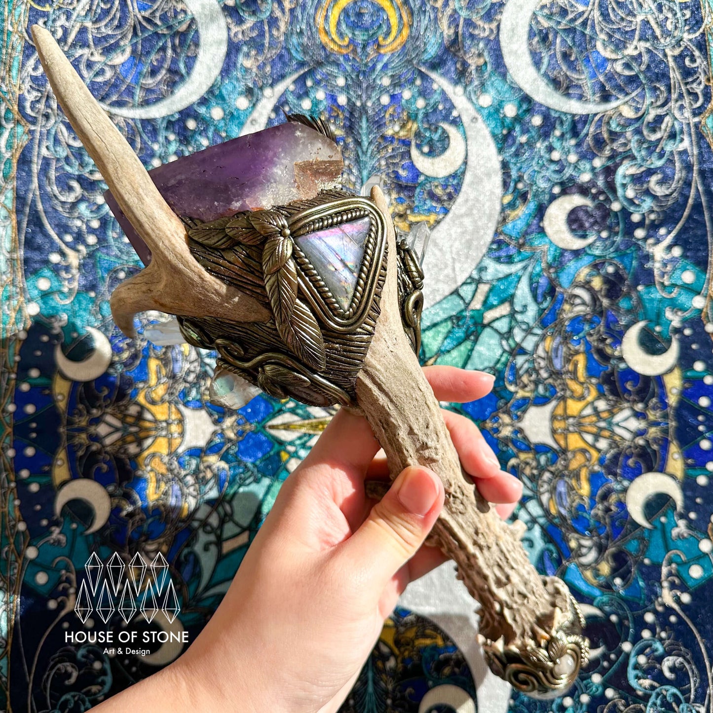 Handmade Natural Crystal Amethyst Antler Wand/Magic Smoky Quartz Witch Wand/Labradorite Amethyst Ammonite Antler Stem/Chakra/Altar Tool