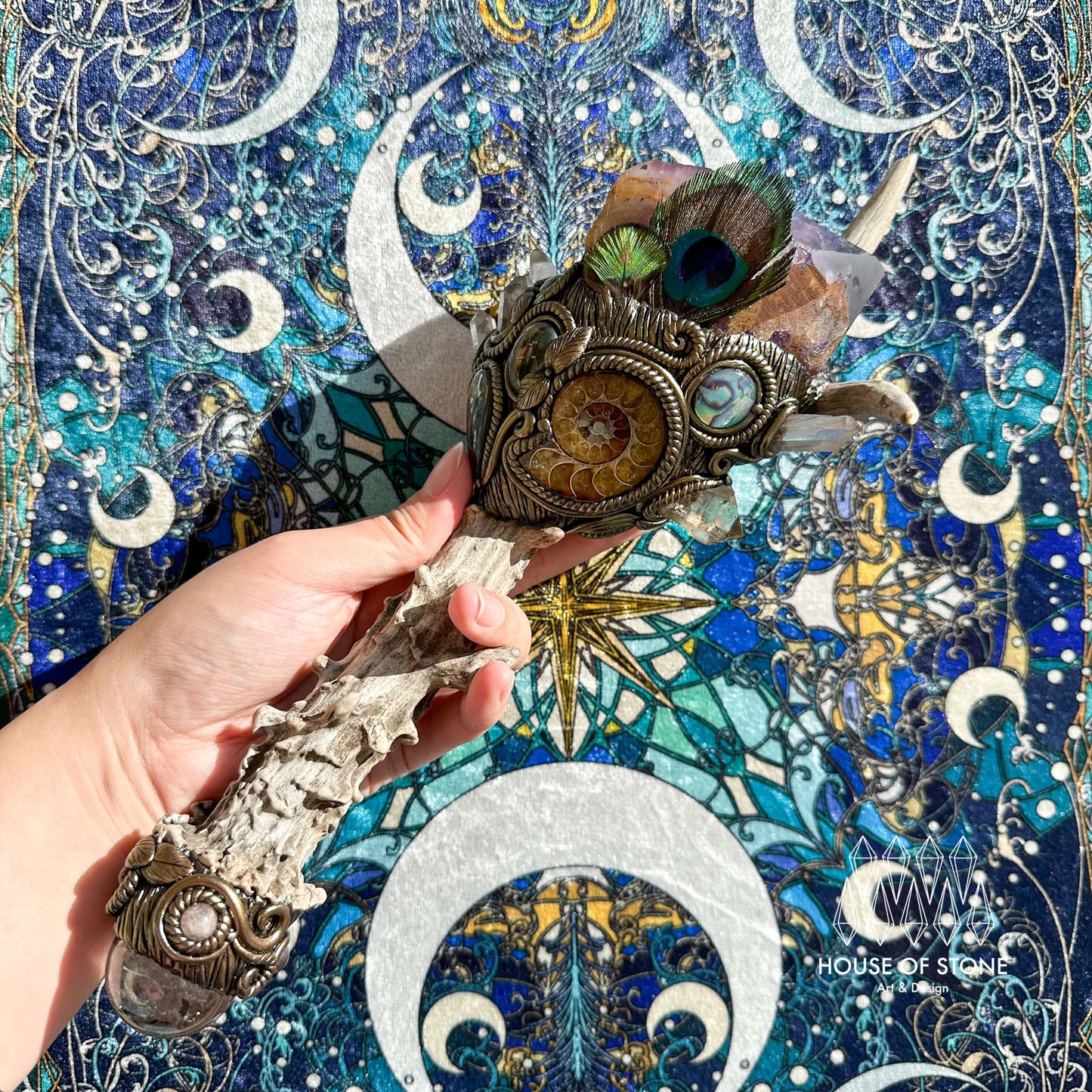 Handmade Natural Crystal Amethyst Antler Wand/Magic Smoky Quartz Witch Wand/Labradorite Amethyst Ammonite Antler Stem/Chakra/Altar Tool