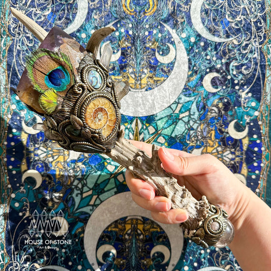 Handmade Natural Crystal Amethyst Antler Wand/Magic Smoky Quartz Witch Wand/Labradorite Amethyst Ammonite Antler Stem/Chakra/Altar Tool