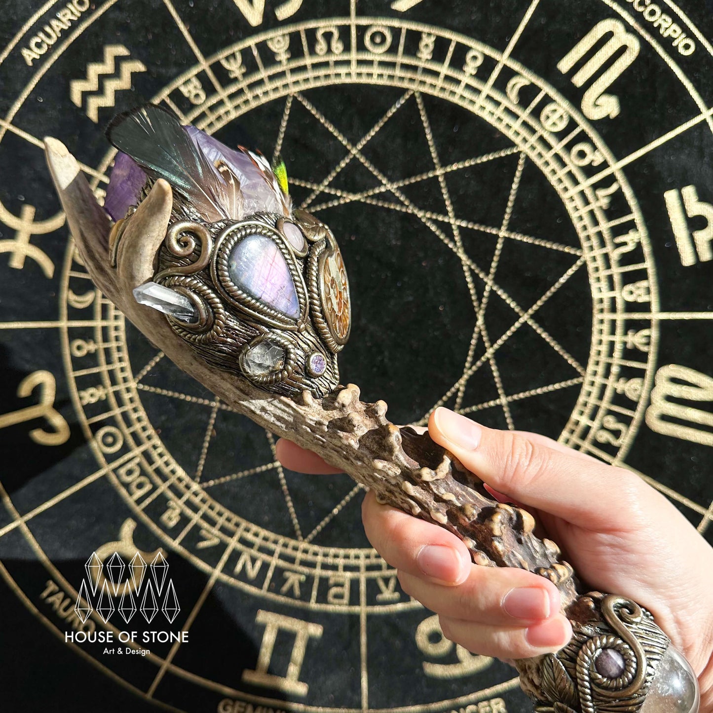 Handmade Natural Crystal Amethyst Antler Wand/Magic Smoky Quartz Witch Wand/Labradorite Amethyst Ammonite Antler Stem/Chakra/Altar Tool