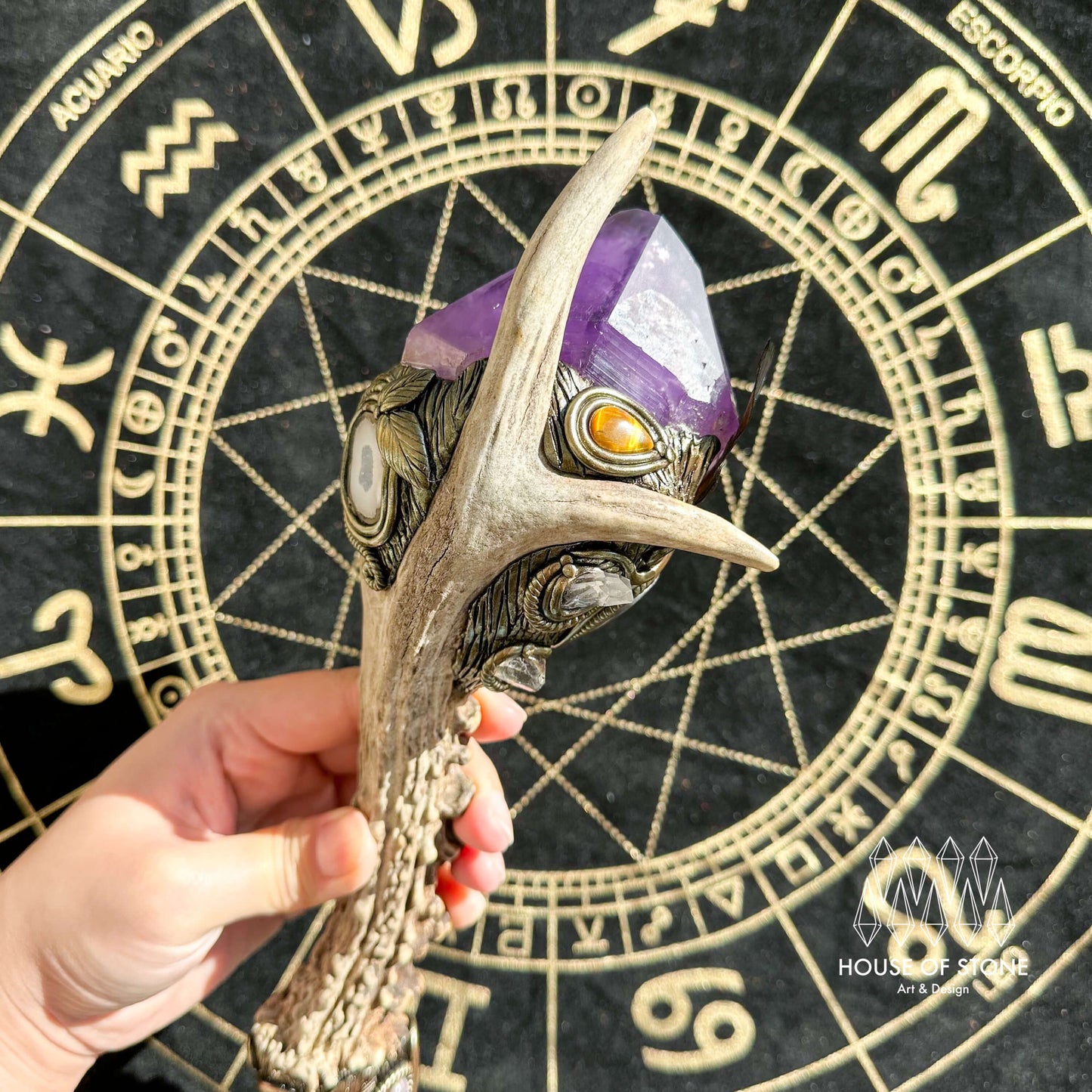 Handmade Natural Crystal Amethyst Antler Wand/Magic Smoky Quartz Witch Wand/Labradorite Amethyst Ammonite Antler Stem/Chakra/Altar Tool