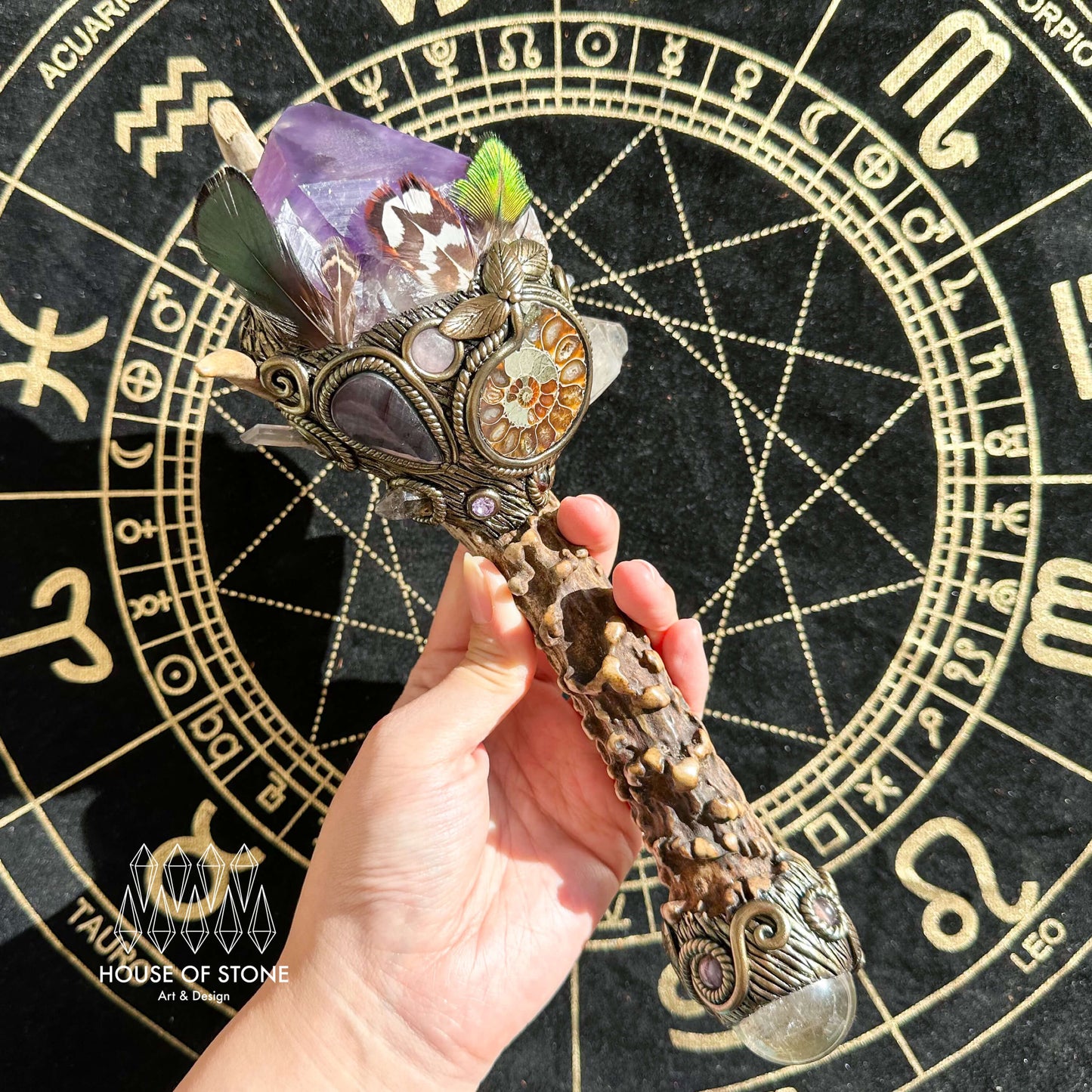 Handmade Natural Crystal Amethyst Antler Wand/Magic Smoky Quartz Witch Wand/Labradorite Amethyst Ammonite Antler Stem/Chakra/Altar Tool