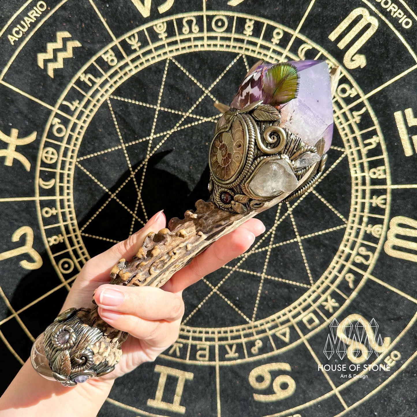 Handmade Natural Crystal Amethyst Antler Wand/Magic Smoky Quartz Witch Wand/Labradorite Amethyst Ammonite Antler Stem/Chakra/Altar Tool