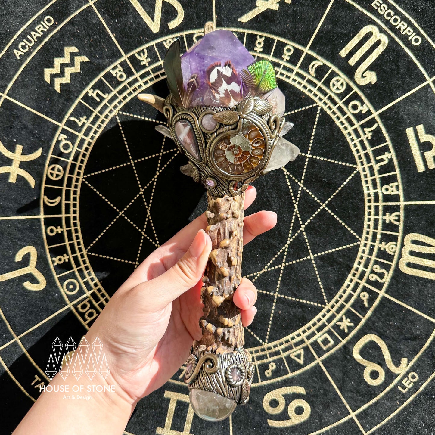 Handmade Natural Crystal Amethyst Antler Wand/Magic Smoky Quartz Witch Wand/Labradorite Amethyst Ammonite Antler Stem/Chakra/Altar Tool