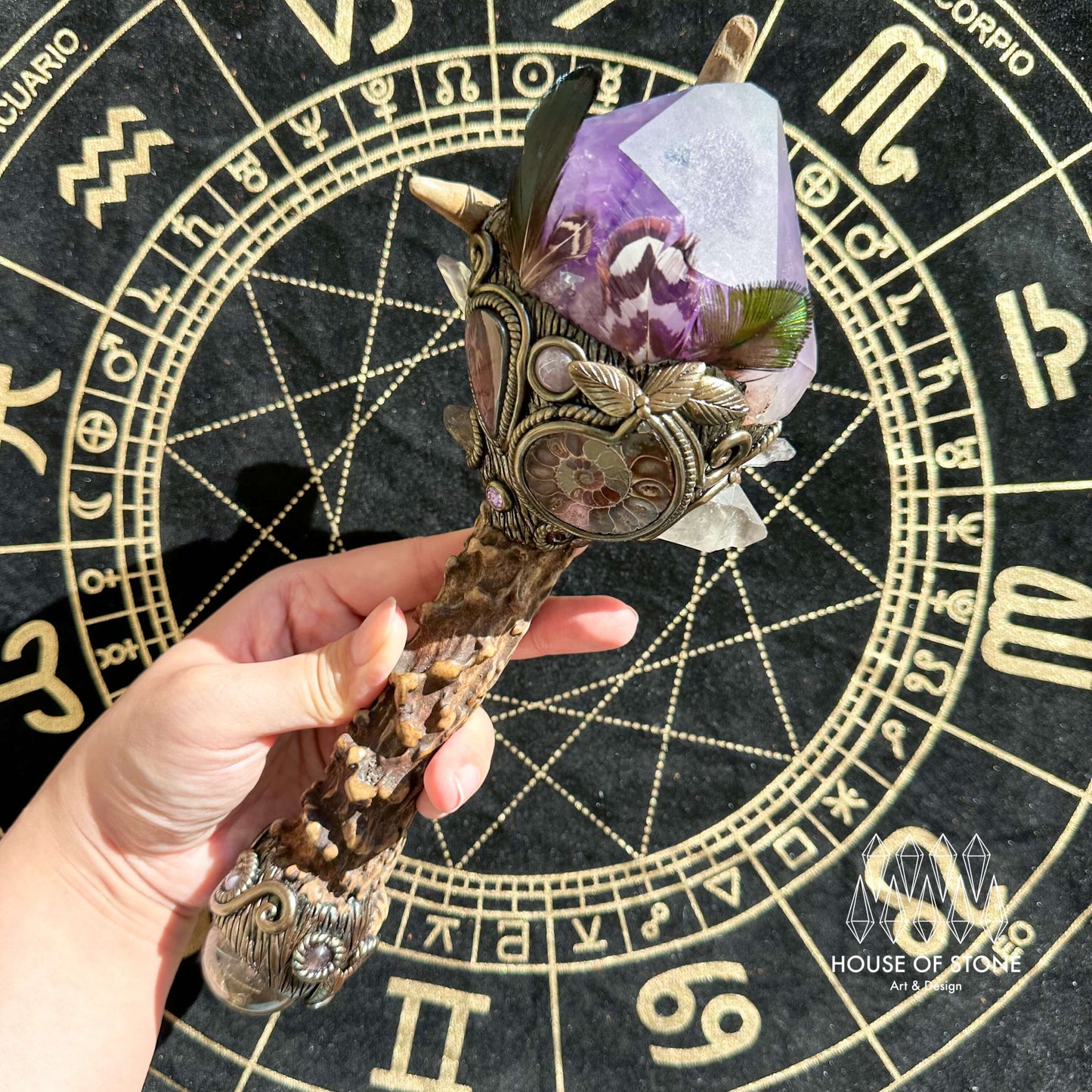 Handmade Natural Crystal Amethyst Antler Wand/Magic Smoky Quartz Witch Wand/Labradorite Amethyst Ammonite Antler Stem/Chakra/Altar Tool