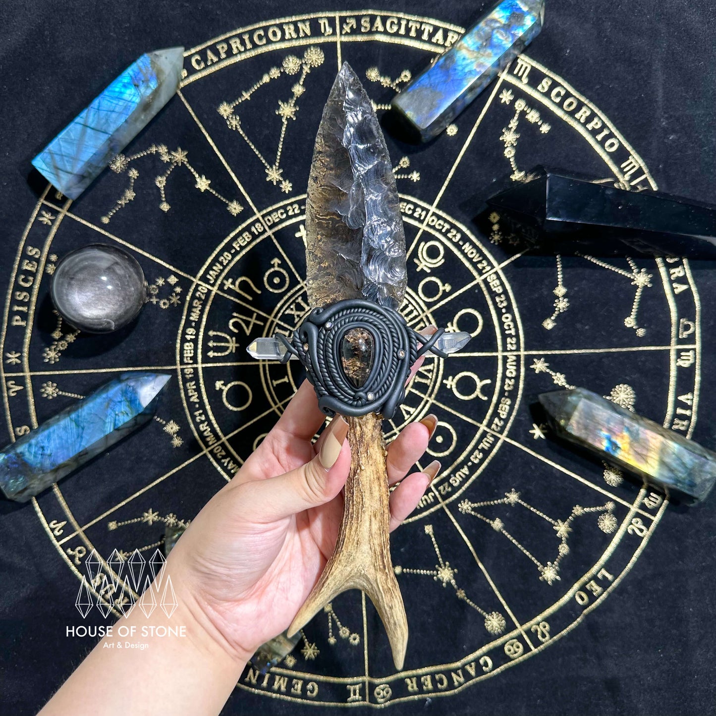 Natural Handmade Crystal Quartz Wand/Magic Crystal Quartz Wand/Smoky quartz Antler/Root Chakra Healing/Boho Wand/Altar Tool