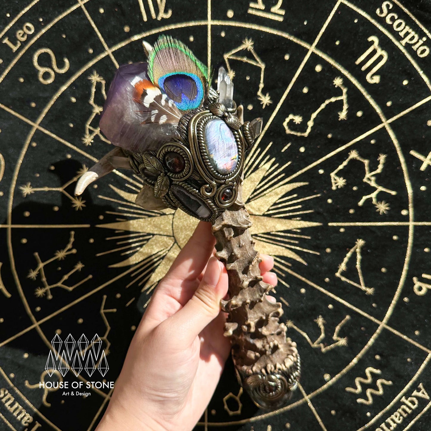 Handmade Natural Crystal Amethyst Antler Wand/Magic Smoky Quartz Witch Wand/Labradorite Amethyst Ammonite Antler Stem/Chakra/Altar Tool