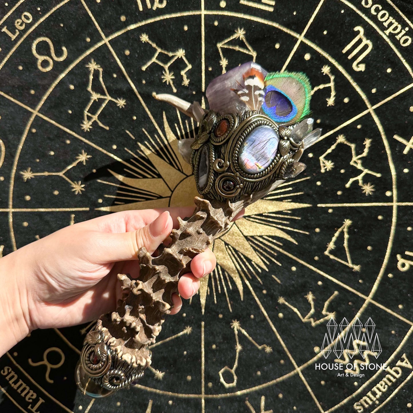 Handmade Natural Crystal Amethyst Antler Wand/Magic Smoky Quartz Witch Wand/Labradorite Amethyst Ammonite Antler Stem/Chakra/Altar Tool