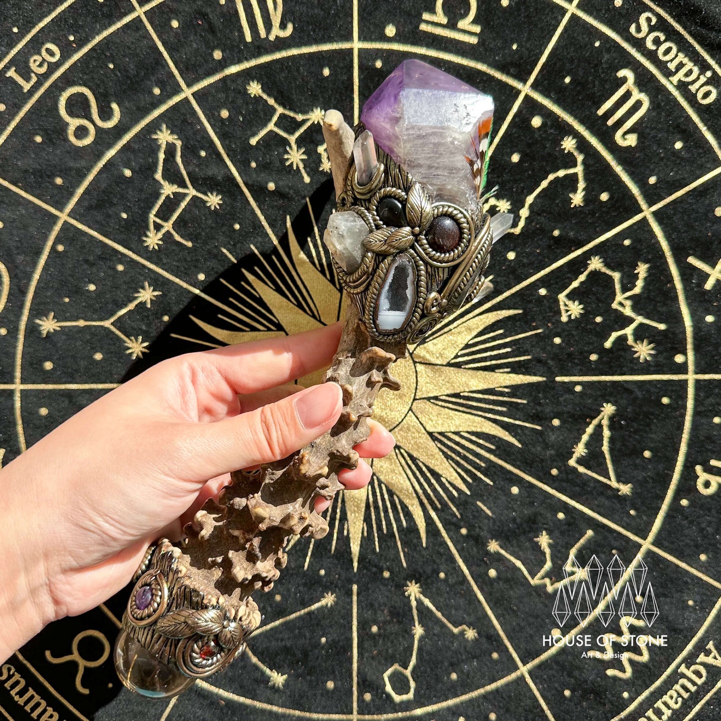 Handmade Natural Crystal Amethyst Antler Wand/Magic Smoky Quartz Witch Wand/Labradorite Amethyst Ammonite Antler Stem/Chakra/Altar Tool