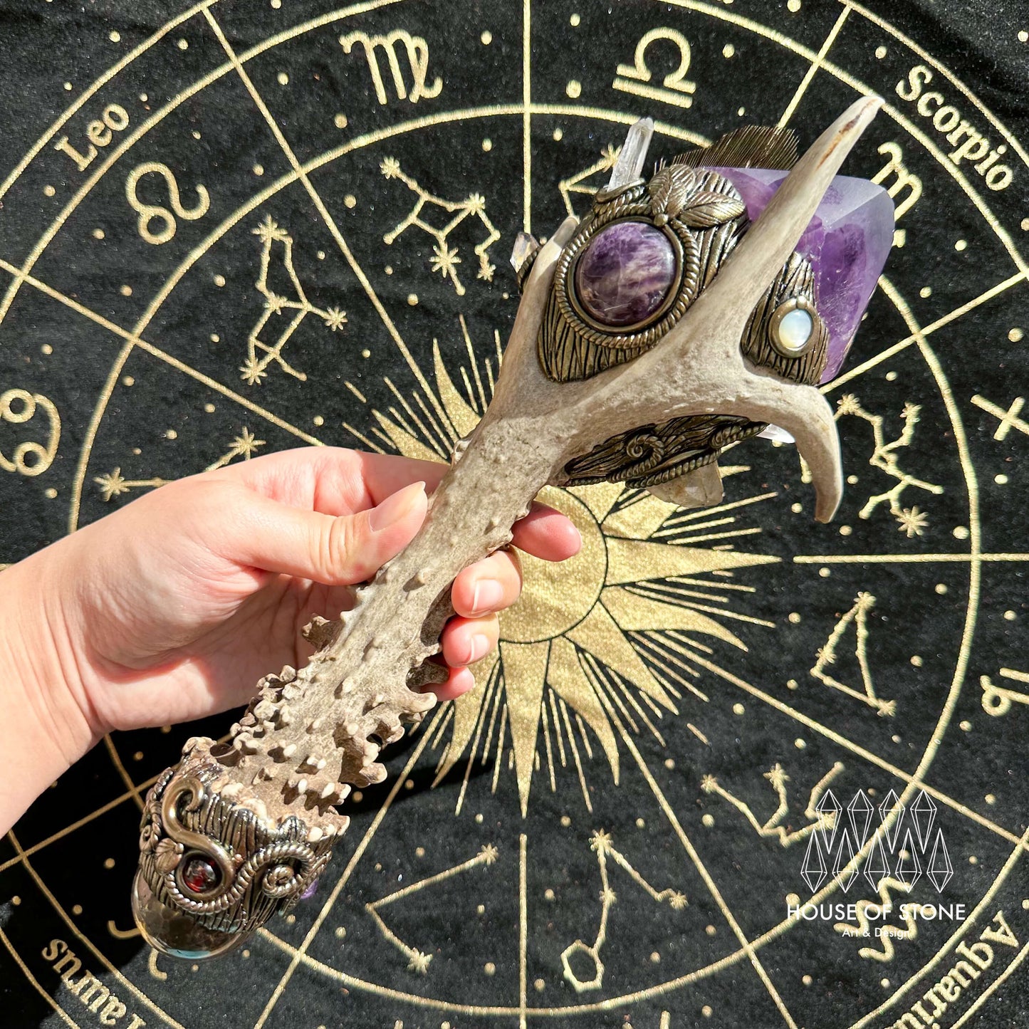 Handmade Natural Crystal Amethyst Antler Wand/Magic Smoky Quartz Witch Wand/Labradorite Amethyst Ammonite Antler Stem/Chakra/Altar Tool