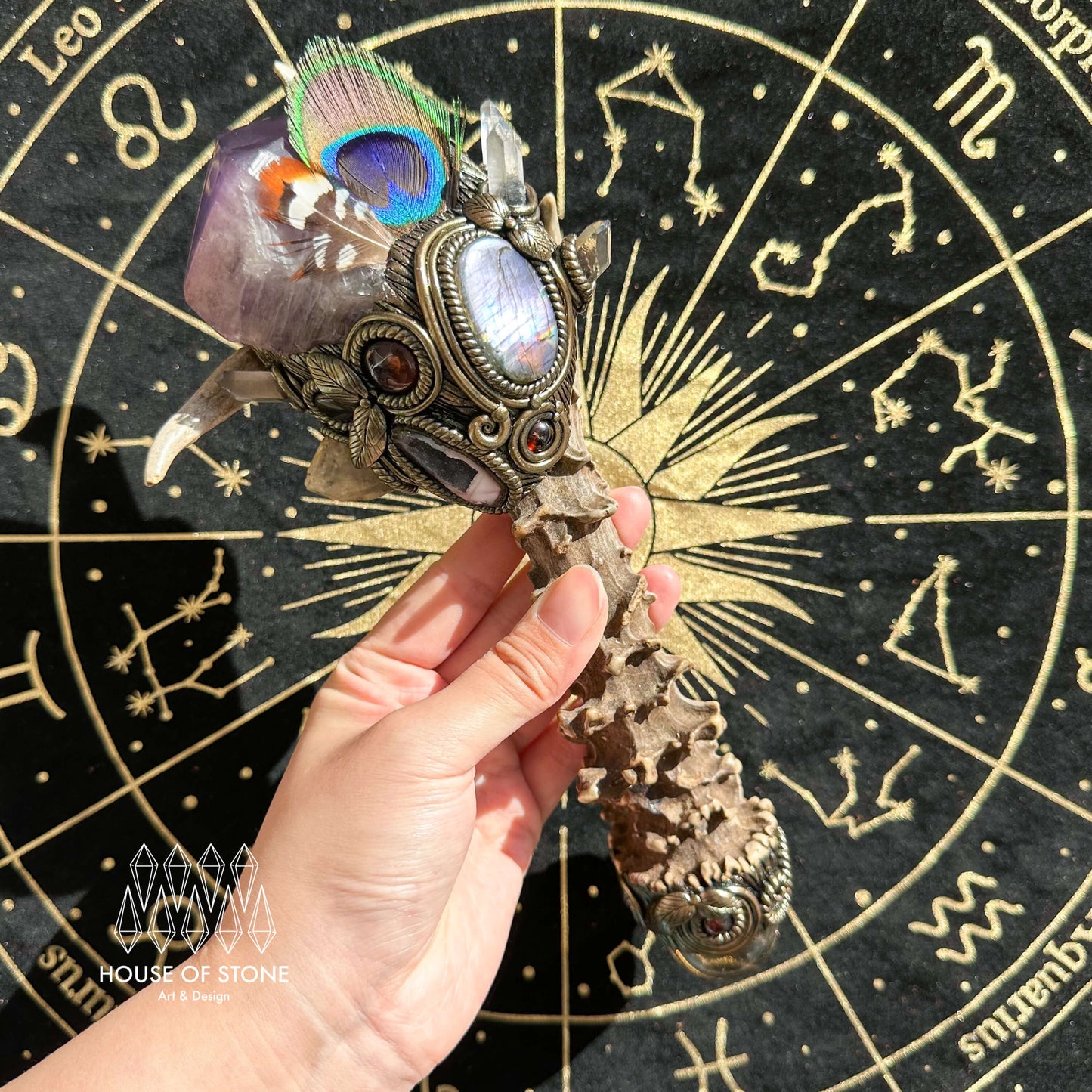 Handmade Natural Crystal Amethyst Antler Wand/Magic Smoky Quartz Witch Wand/Labradorite Amethyst Ammonite Antler Stem/Chakra/Altar Tool