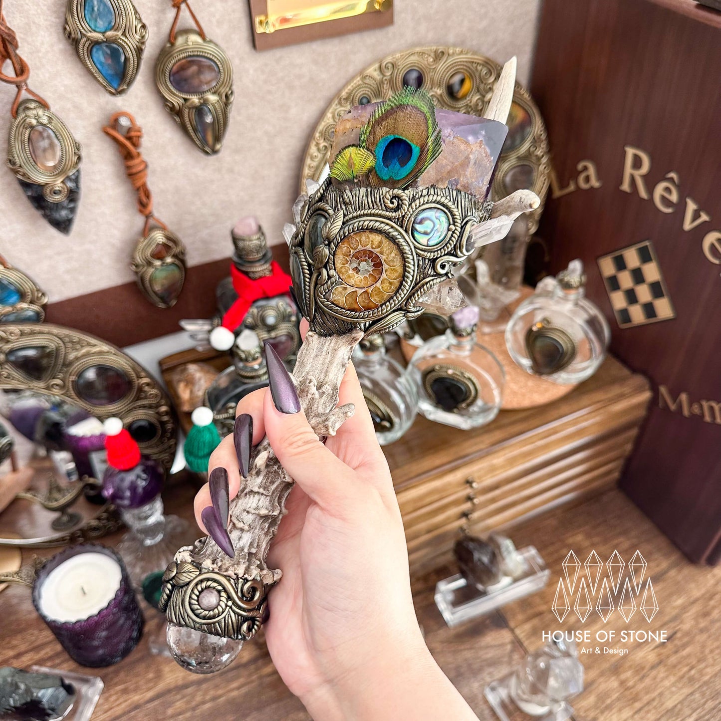 Handmade Natural Crystal Amethyst Antler Wand/Magic Smoky Quartz Witch Wand/Labradorite Amethyst Ammonite Antler Stem/Chakra/Altar Tool