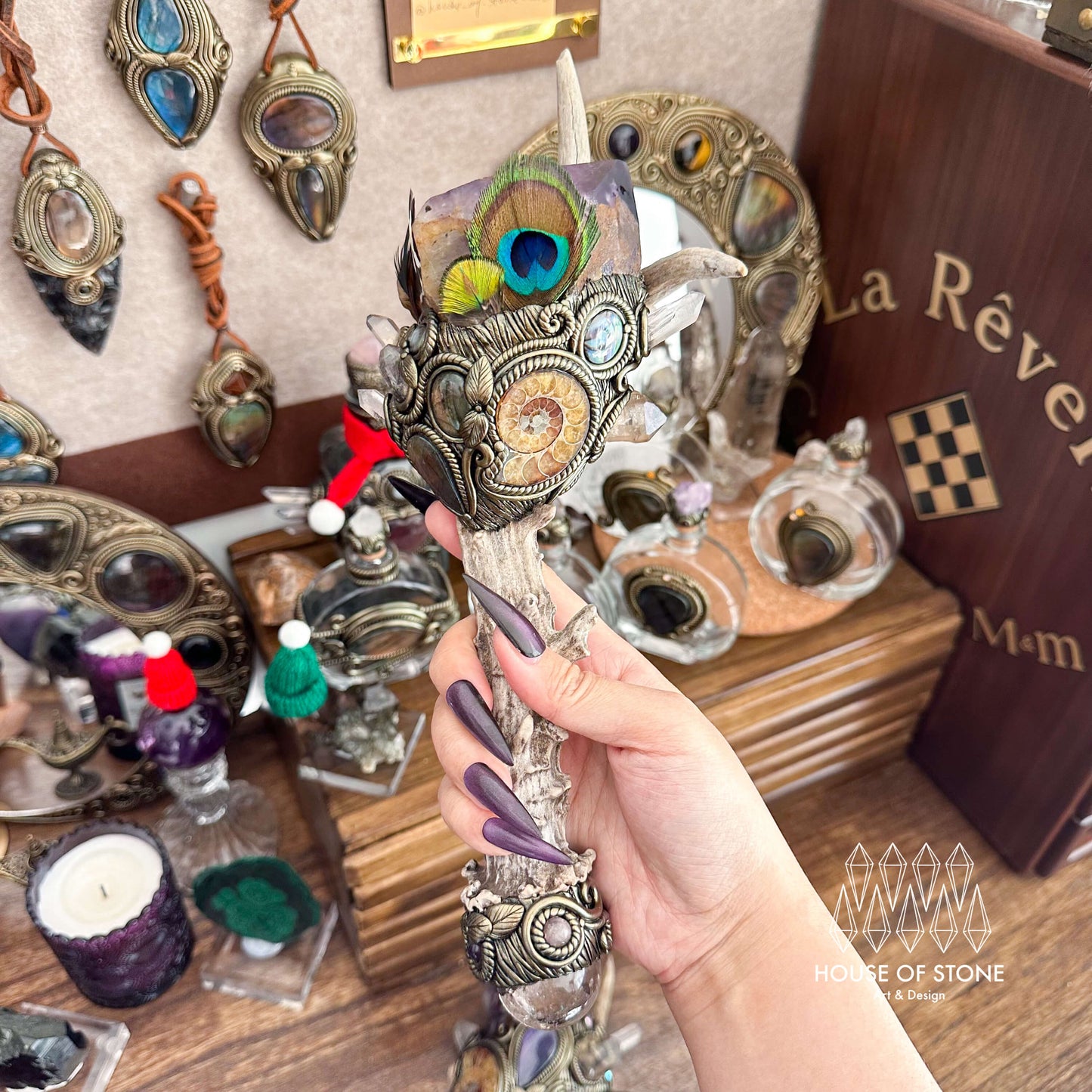 Handmade Natural Crystal Amethyst Antler Wand/Magic Smoky Quartz Witch Wand/Labradorite Amethyst Ammonite Antler Stem/Chakra/Altar Tool