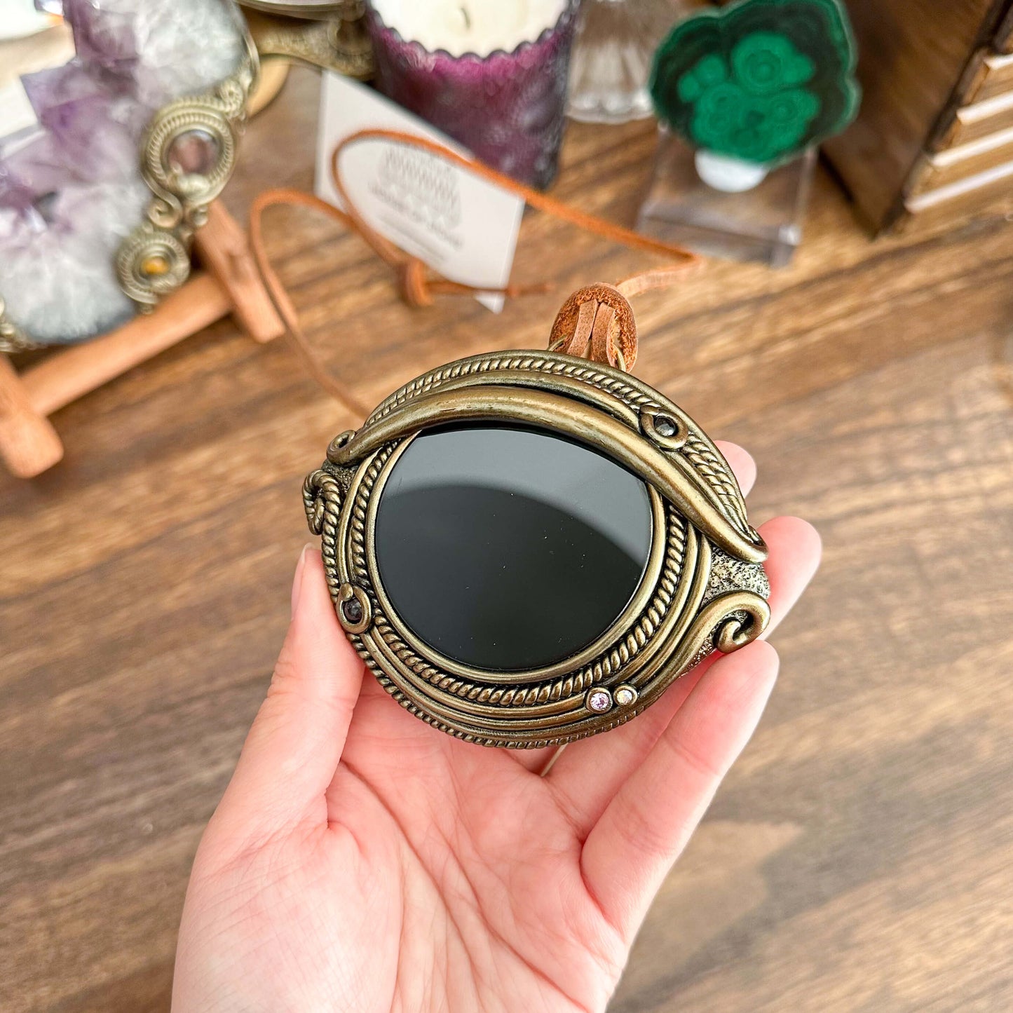 Handmade Natural Black Obsidian Pendant Necklace/Magic Obsidian Mirror Crystal Pendant/Scrying Mirror Protection Jewelry/Altar Tool