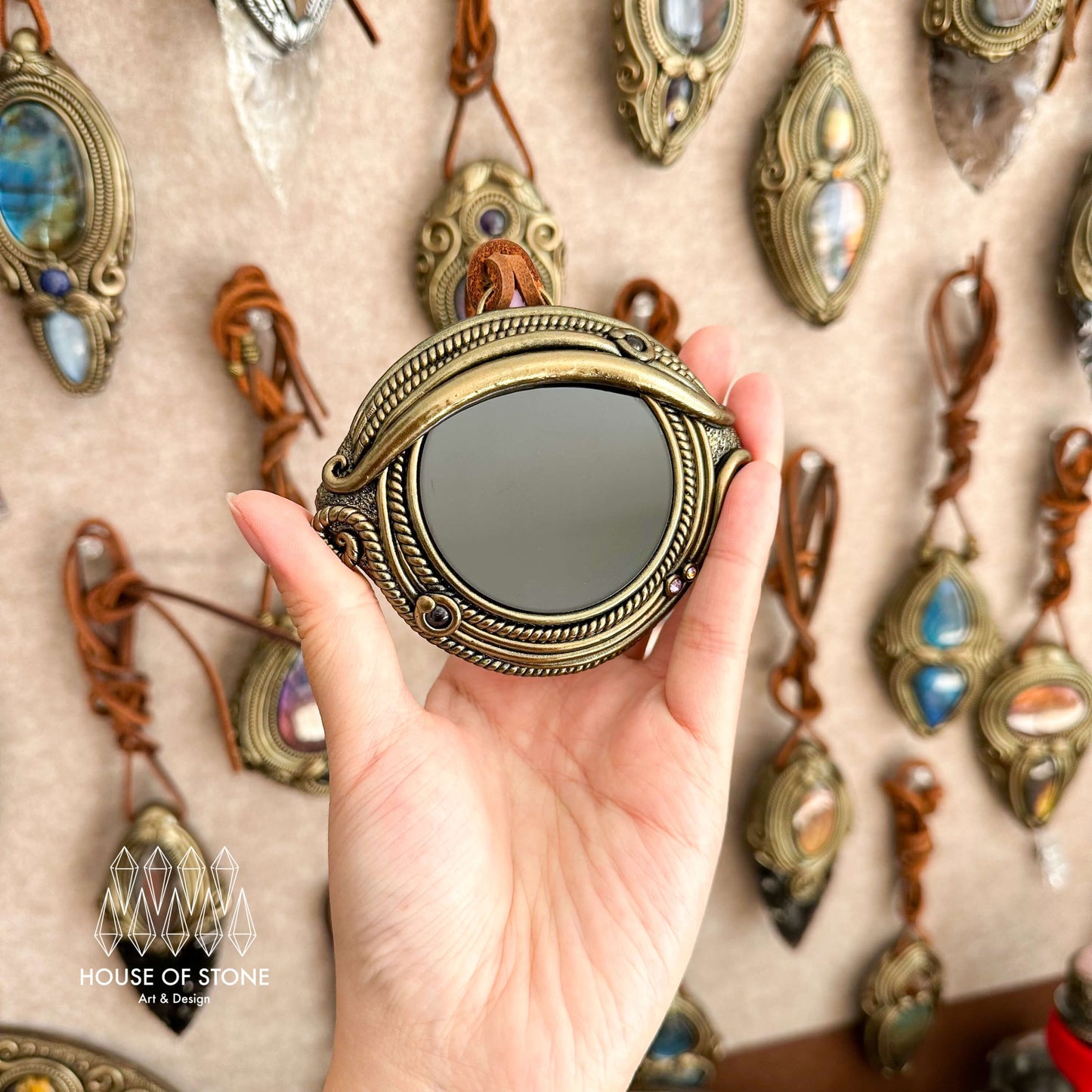 Handmade Natural Black Obsidian Pendant Necklace/Magic Obsidian Mirror Crystal Pendant/Scrying Mirror Protection Jewelry/Altar Tool