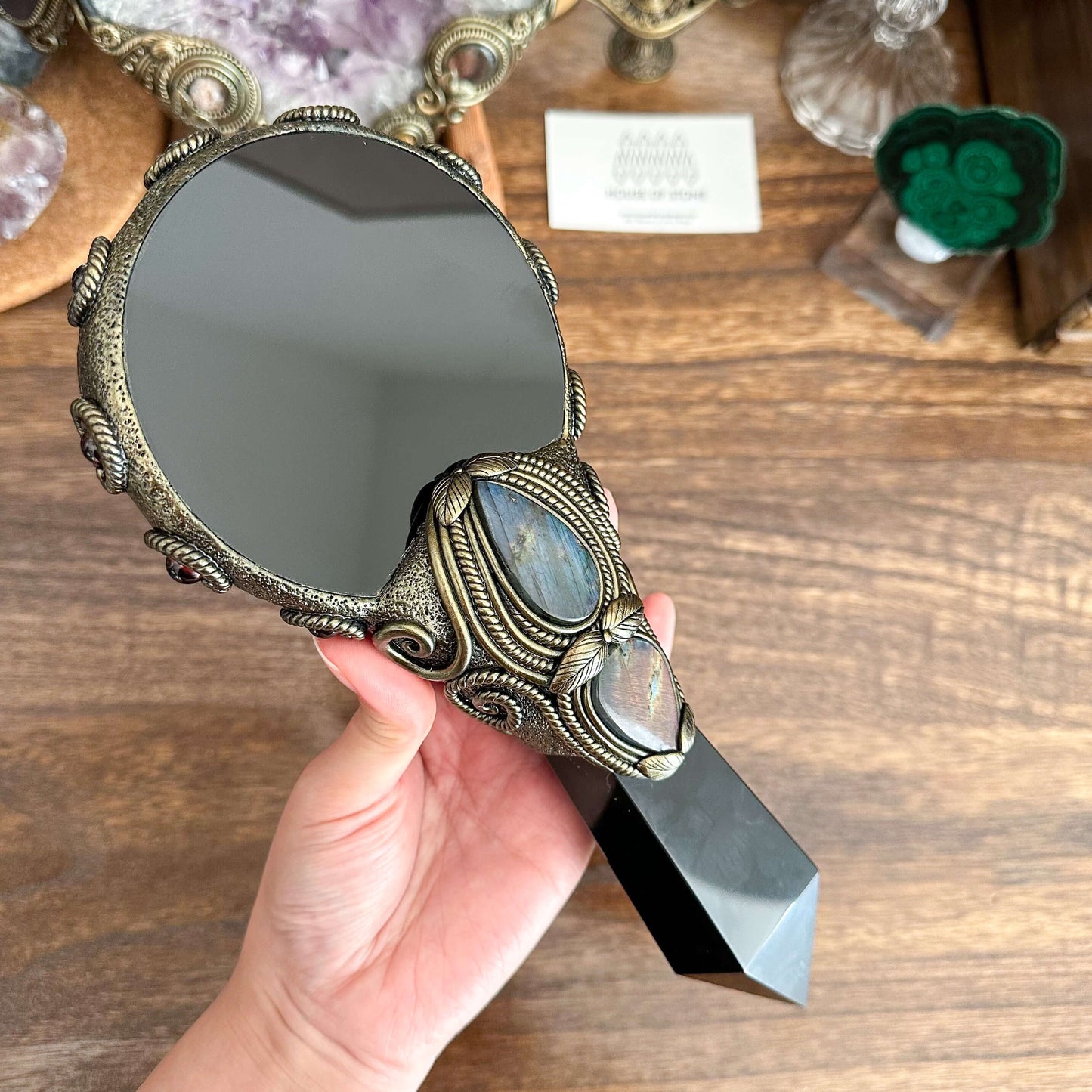 Handmade Natural Black Obsidian Mirror/Magic Obsidian Witch Wand/Crystal Quartz Wand/Scrying Mirror Wand/Root Chakra/Manifest Altar Tool