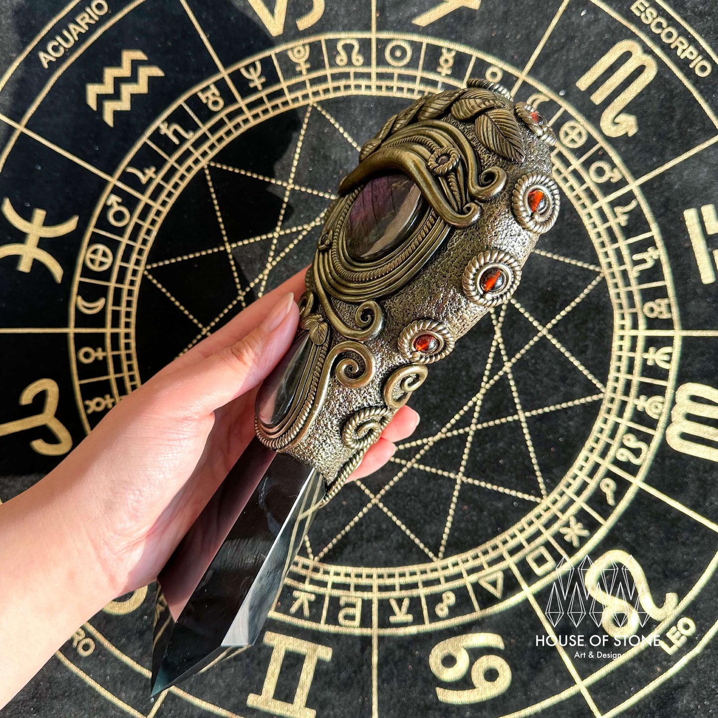 Handmade Natural Black Obsidian Mirror/Magic Obsidian Witch Wand/Crystal Quartz Wand/Scrying Mirror Wand/Root Chakra/Manifest Altar Tool