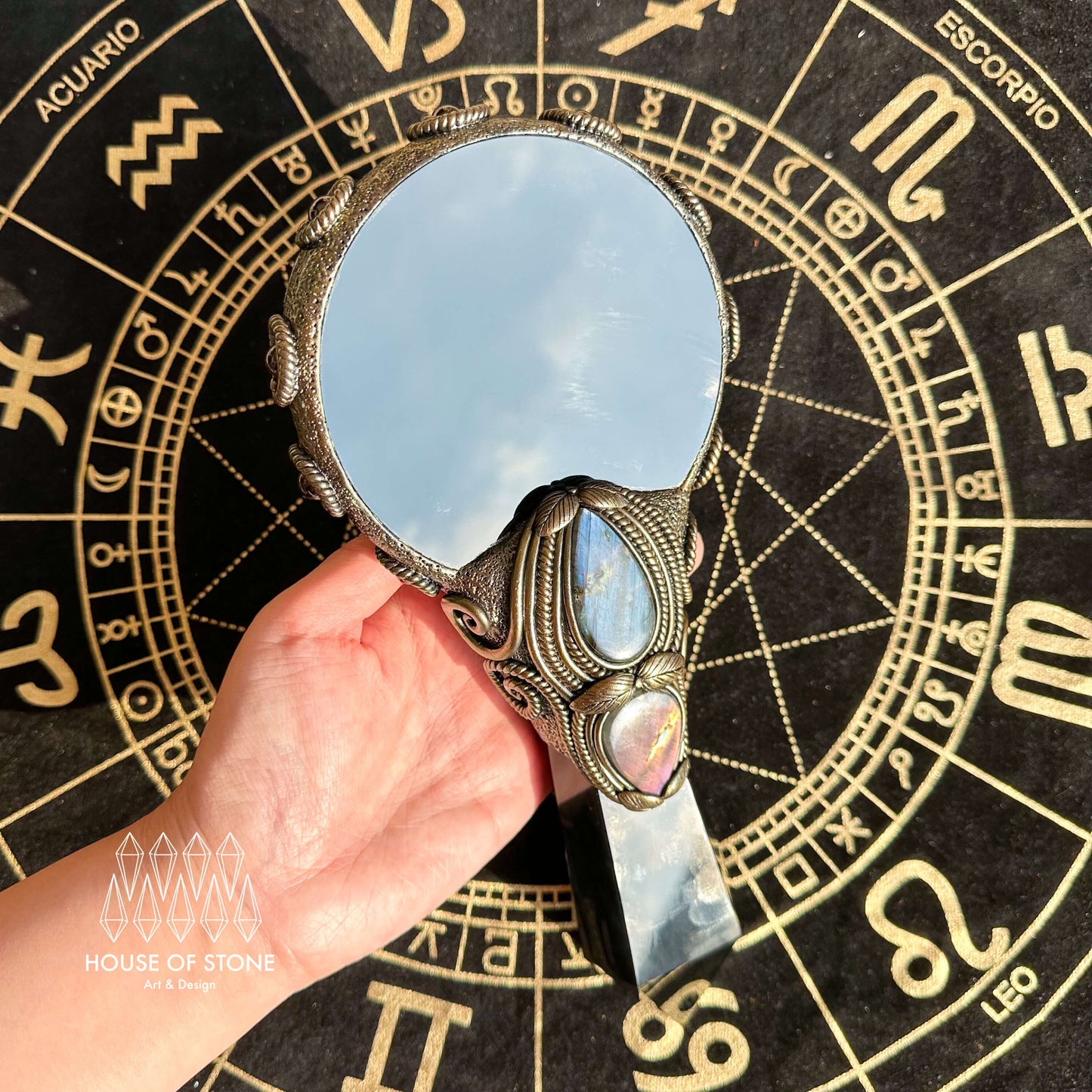 Handmade Natural Black Obsidian Mirror/Magic Obsidian Witch Wand/Crystal Quartz Wand/Scrying Mirror Wand/Root Chakra/Manifest Altar Tool