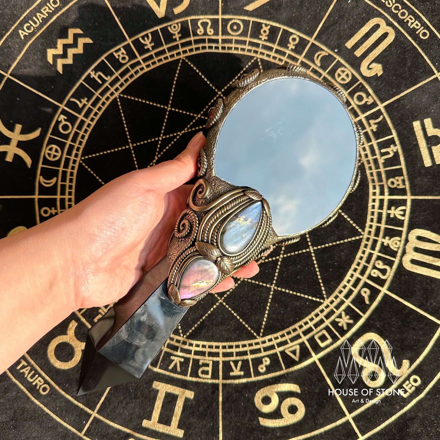 Handmade Natural Black Obsidian Mirror/Magic Obsidian Witch Wand/Crystal Quartz Wand/Scrying Mirror Wand/Root Chakra/Manifest Altar Tool