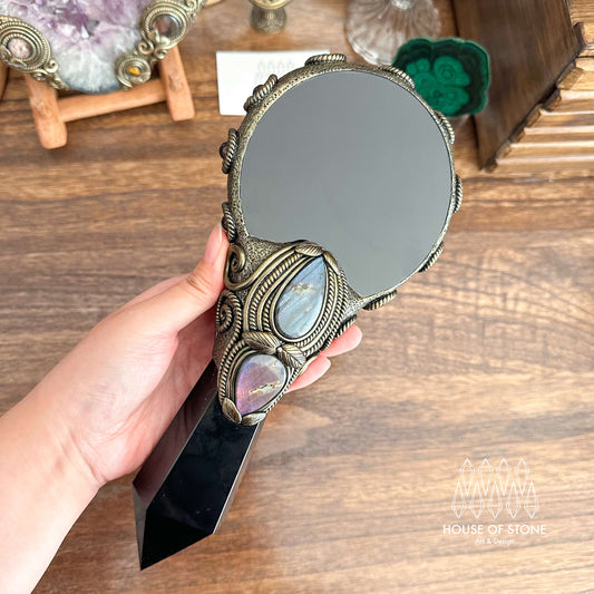 Handmade Natural Black Obsidian Mirror/Magic Obsidian Witch Wand/Crystal Quartz Wand/Scrying Mirror Wand/Root Chakra/Manifest Altar Tool