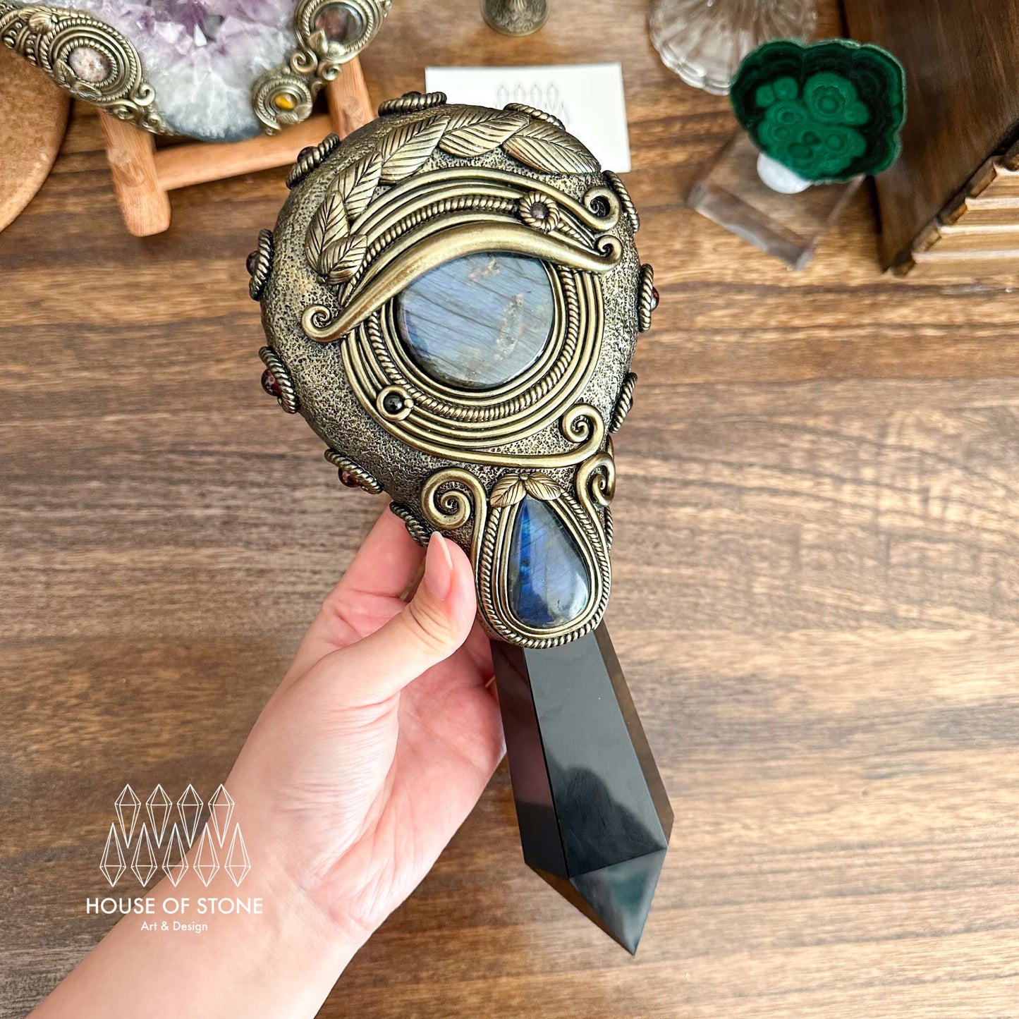 Handmade Natural Black Obsidian Mirror/Magic Obsidian Witch Wand/Crystal Quartz Wand/Scrying Mirror Wand/Root Chakra/Manifest Altar Tool