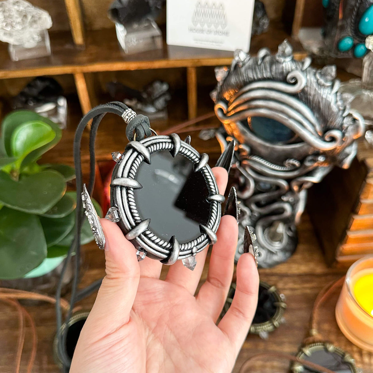 Handmade Natural Black Obsidian Pendant Necklace/Magic Obsidian Mirror Crystal Pendant/Scrying Mirror Talisman Protection Jewelry/Altar Tool