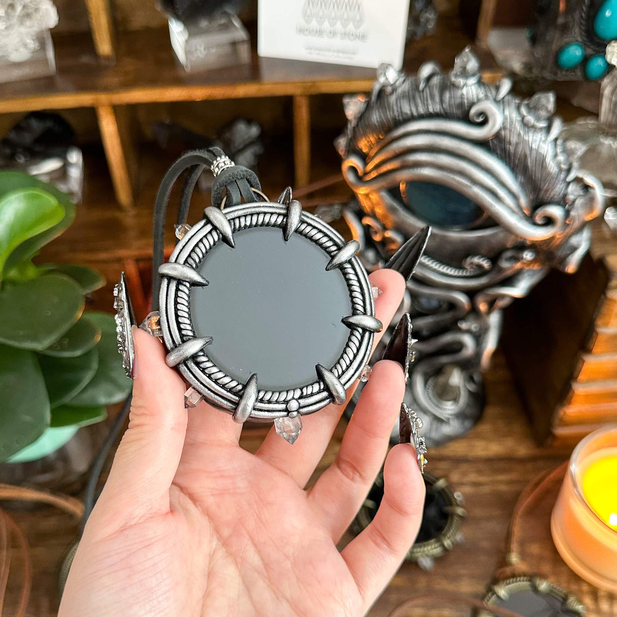 Handmade Natural Black Obsidian Pendant Necklace/Magic Obsidian Mirror Crystal Pendant/Scrying Mirror Talisman Protection Jewelry/Altar Tool