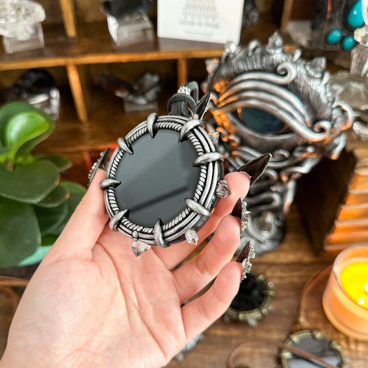Handmade Natural Black Obsidian Pendant Necklace/Magic Obsidian Mirror Crystal Pendant/Scrying Mirror Talisman Protection Jewelry/Altar Tool