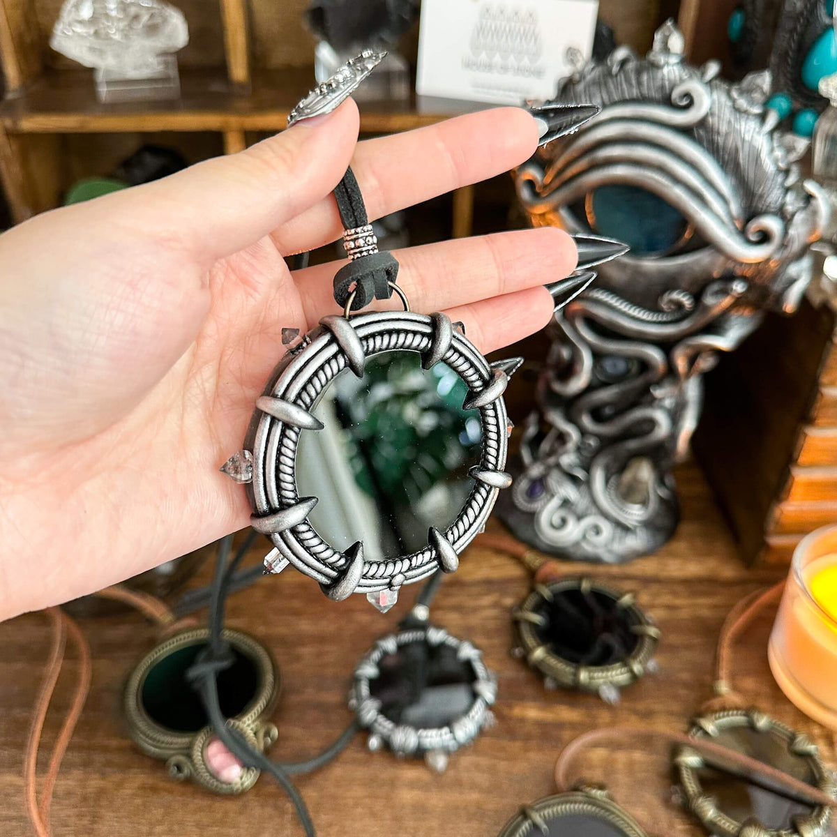 Handmade Natural Black Obsidian Pendant Necklace/Magic Obsidian Mirror Crystal Pendant/Scrying Mirror Talisman Protection Jewelry/Altar Tool