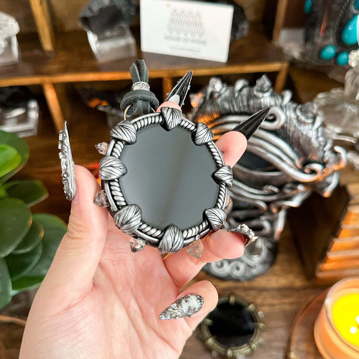 Handmade Natural Black Obsidian Pendant Necklace/Magic Obsidian Mirror Crystal Pendant/Scrying Mirror Talisman Protection Jewelry/Altar Tool