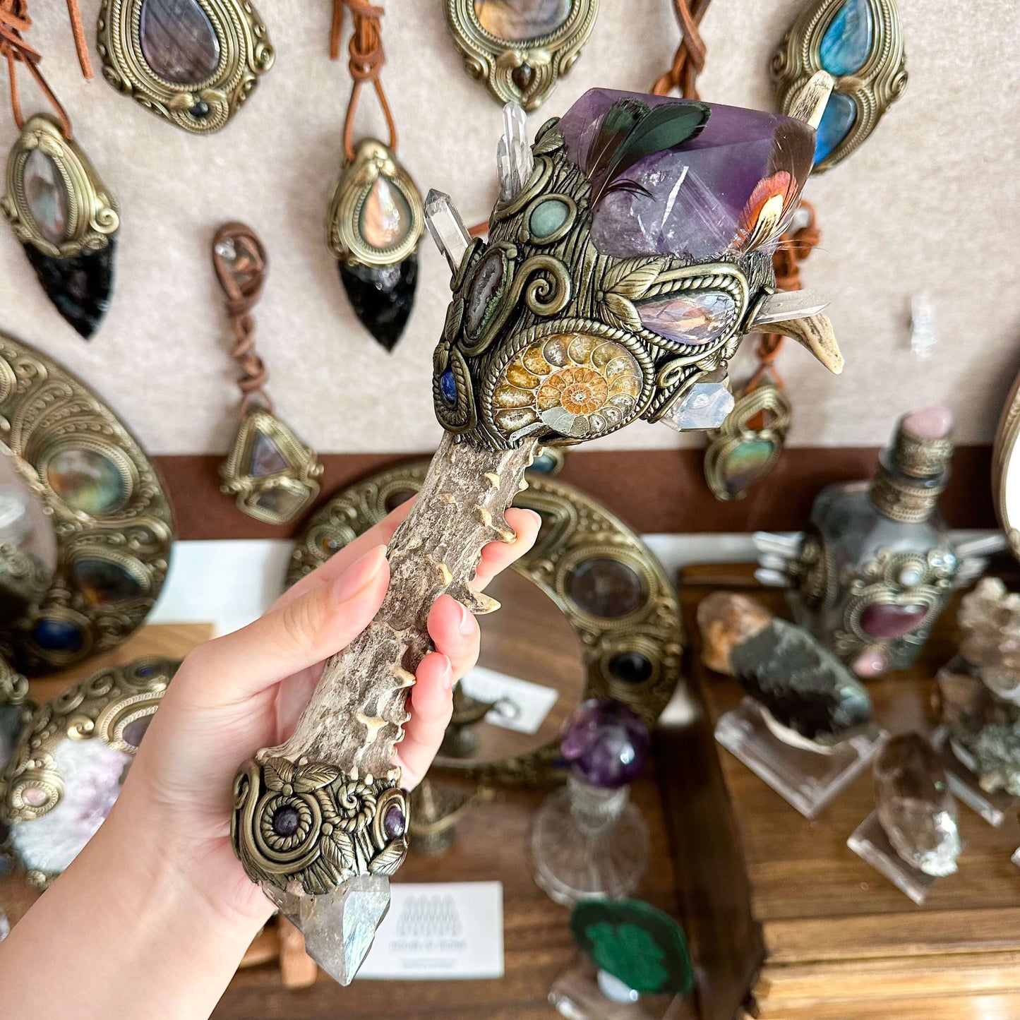 Handmade Natural Crystal Amethyst Antler Wand/Magic Smoky Quartz Witch Wand/Labradorite Amethyst Ammonite Antler Stem/Chakra/Altar Tool