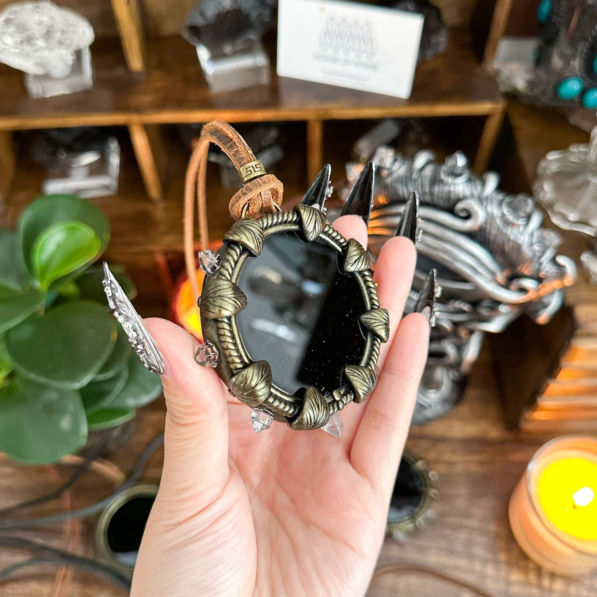 Handmade Natural Black Obsidian Pendant Necklace/Magic Obsidian Mirror Crystal Pendant/Scrying Mirror Talisman Protection Jewelry/Altar Tool