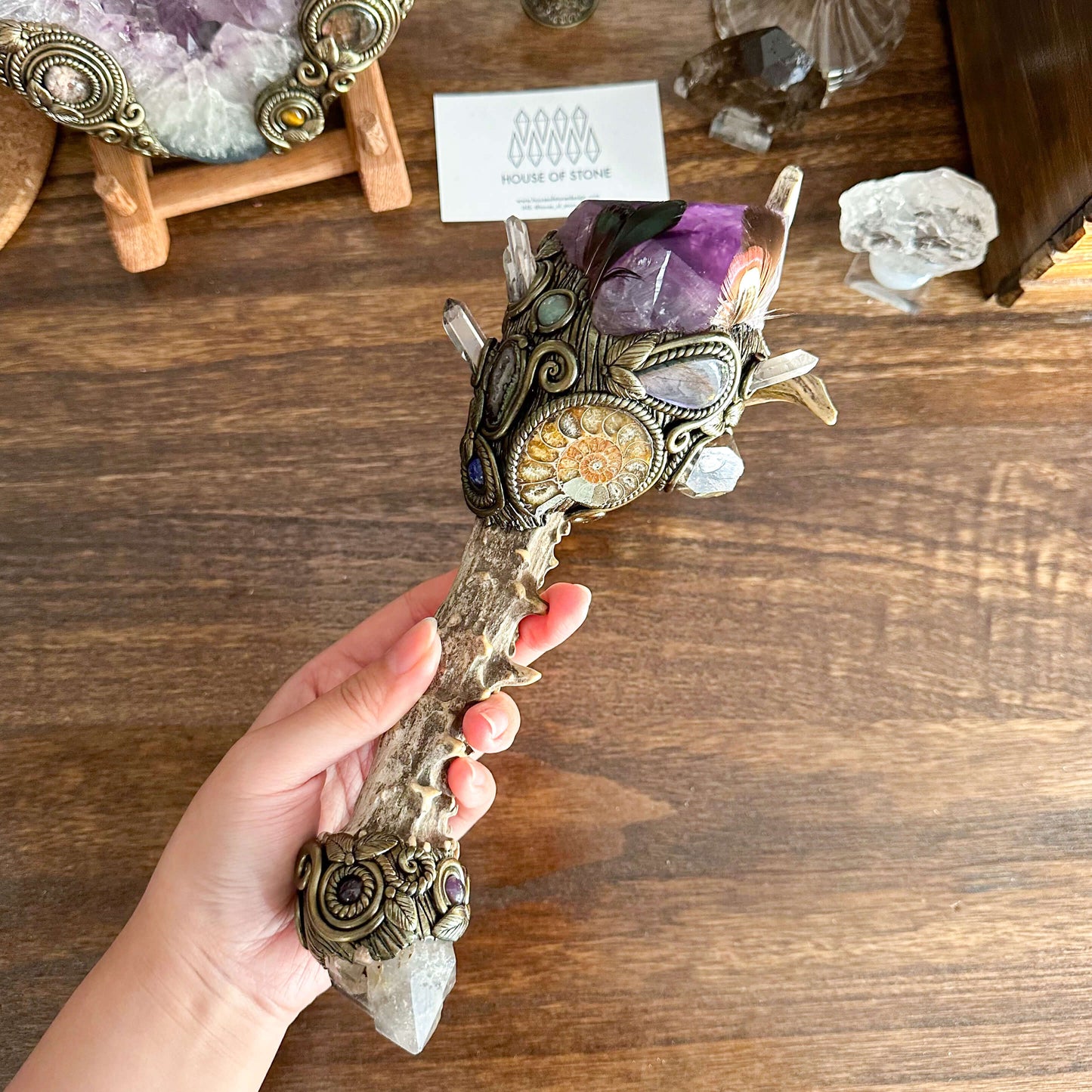 Handmade Natural Crystal Amethyst Antler Wand/Magic Smoky Quartz Witch Wand/Labradorite Amethyst Ammonite Antler Stem/Chakra/Altar Tool