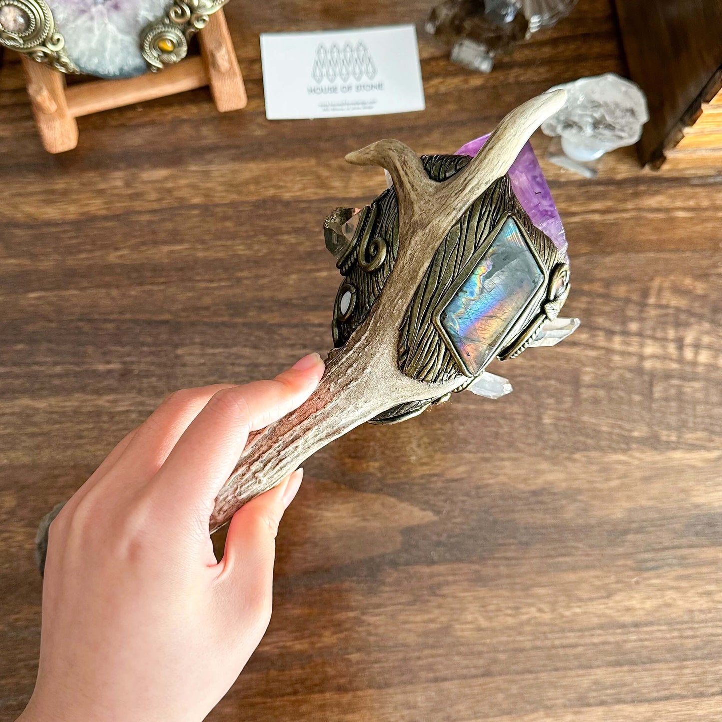 Handmade Natural Crystal Amethyst Antler Wand/Magic Smoky Quartz Witch Wand/Labradorite Amethyst Ammonite Antler Stem/Chakra/Altar Tool