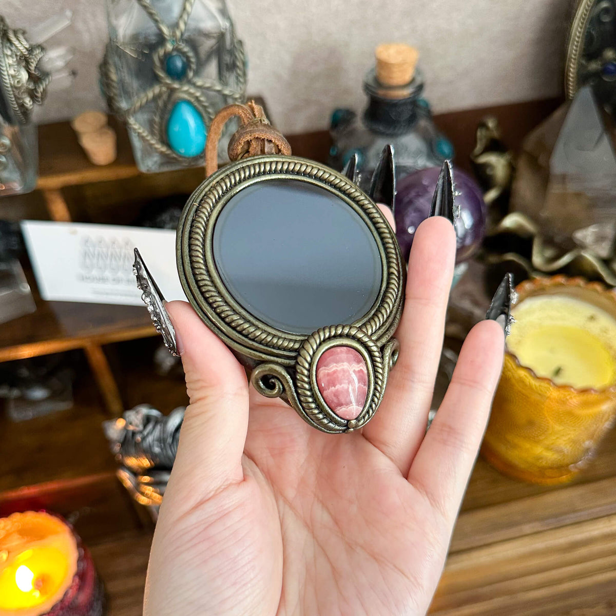 Handmade Natural Black Obsidian Pendant Necklace/Magic Obsidian Mirror Crystal Pendant/Scrying Mirror Talisman Protection Jewelry/Altar Tool