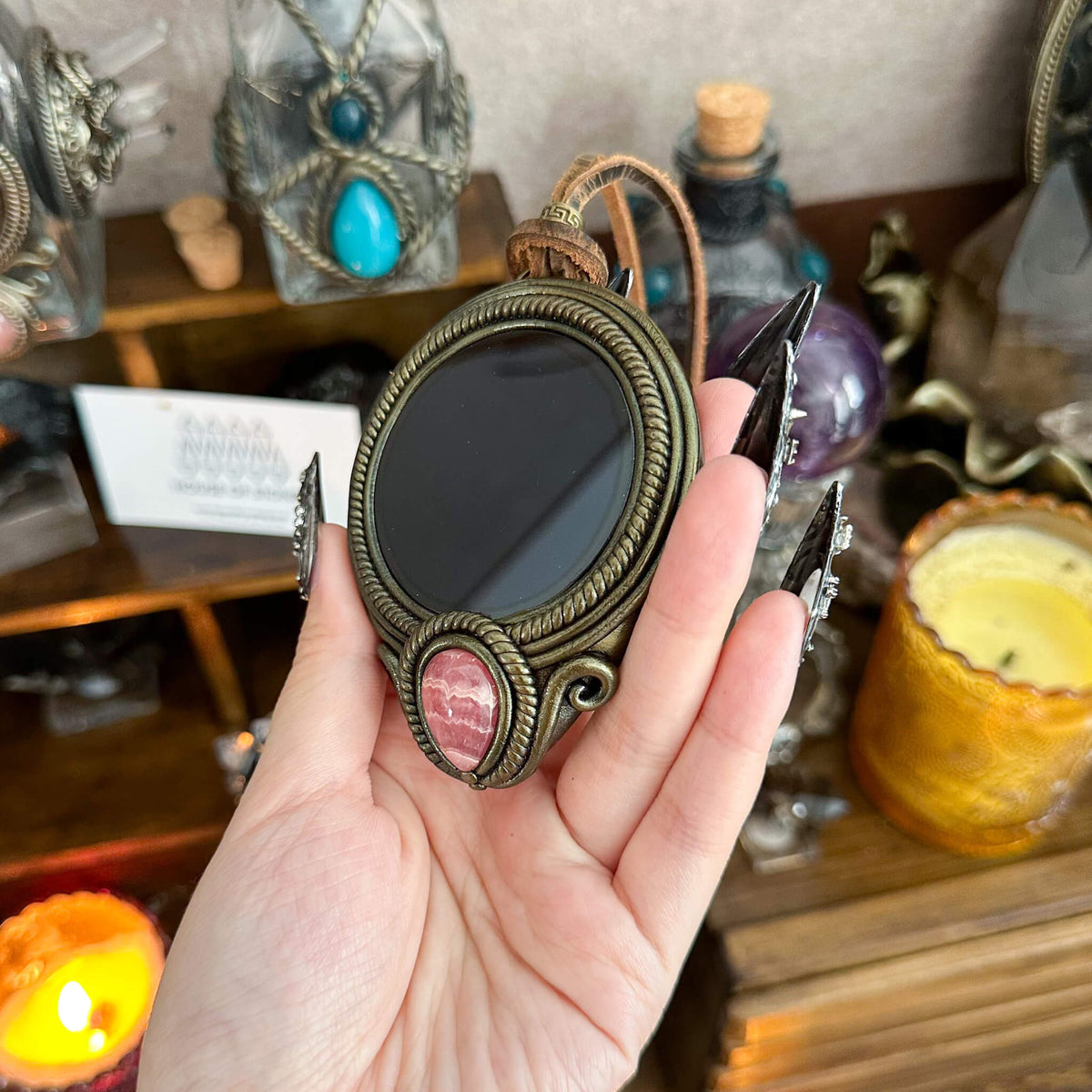 Handmade Natural Black Obsidian Pendant Necklace/Magic Obsidian Mirror Crystal Pendant/Scrying Mirror Talisman Protection Jewelry/Altar Tool