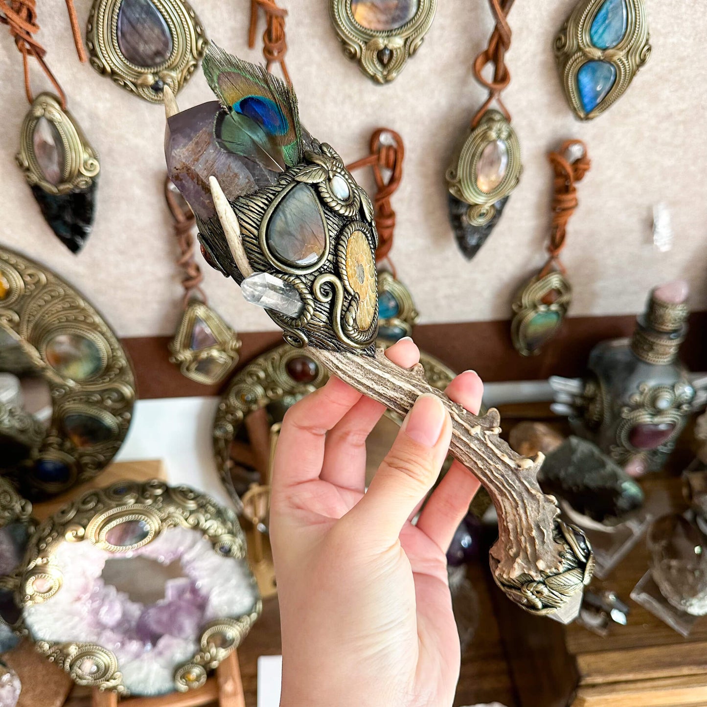 Handmade Natural Crystal Amethyst Antler Wand/Magic Smoky Quartz Witch Wand/Labradorite Amethyst Ammonite Antler Stem/Chakra/Altar Tool